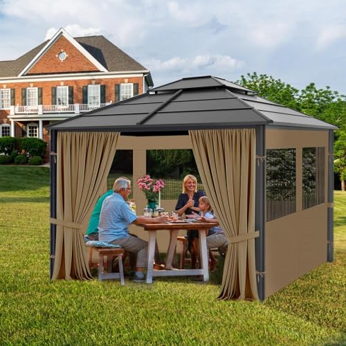 Gazebo Privacy Curtains 10' x 12' with Mosquito Windows, 4-Panels Side Wall with Zipper Universal Replacement for Patio, Outdoor Canopy, Garden and Backyard, Khaki (Curtain Only) aonear