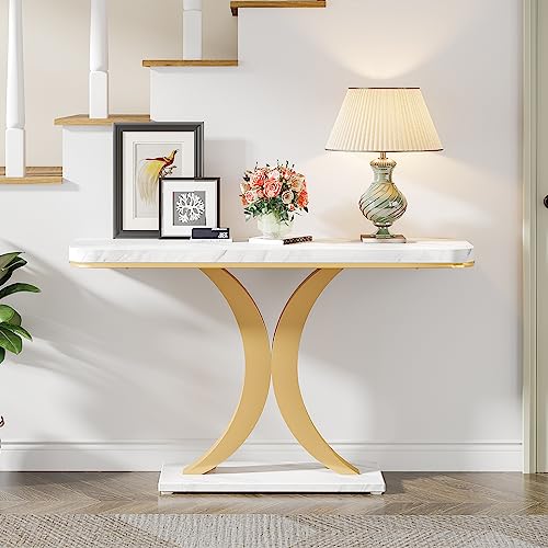 Tribesigns Modern Gold Console Table, 40 inch Narrow Entryway Foyer Table with Geometric Base, Rustic Hallway Accent Table for Living Room, Entrance, White and Gold Tribesigns