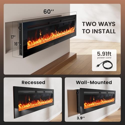 Silonn 60″Smart Electric Fireplace Heater with App & Remote Control, 5300 BTU Heat Output, Ultra-Slim Wall-Mounted or Recessed Electric Fireplace Inserts with Timer, 20 Flame Colors,WiFi Enabled Silonn