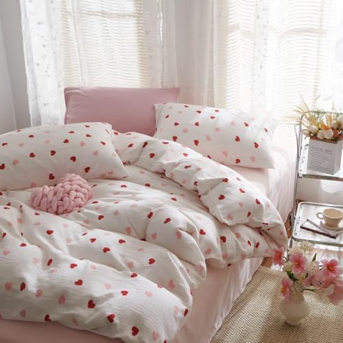 Bildenly Heart Comforter Set Full Size 3 Pieces Red Pink Heart Comforter Bedding Set for Girls Kids Cute Love Hearts Bed in A Bag Bedding with 2 Pillowcases for All Seasons Bildenly