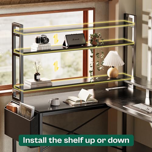 Huuger L Shaped Gaming Desk with LED Lights, Power Outlets & Storage Shelves, Black Huuger