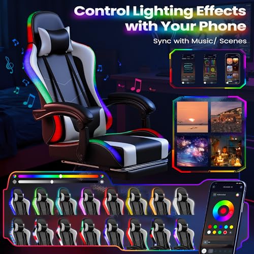 Homall Gaming Chair, Video Game Chair with Footrest and Massage Lumbar Support, Ergonomic Computer Chair Height Adjustable with Swivel Seat and Headrest (RGB Lvory) Homall