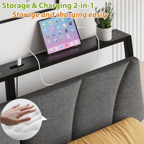 Floating Queen Bed Frame with Storage Headboard Charging Station and Led Lights,Platform Bed Frame Queen Size with Upholstered Headboard,No Box Spring Needed,Heavy Duty Meal Slats Support,No Noise SOLACECASA