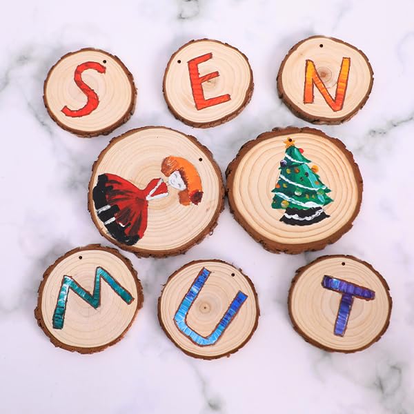 SENMUT Wood Slices 30 Pcs 3.5-4.0 inch Natural Rounds Unfinished Wooden Circles Christmas Wood Ornaments for Crafts Wood Kit Predrilled with Hole Wood Coasters Craft Supplies for DIY and Painting SENMUT