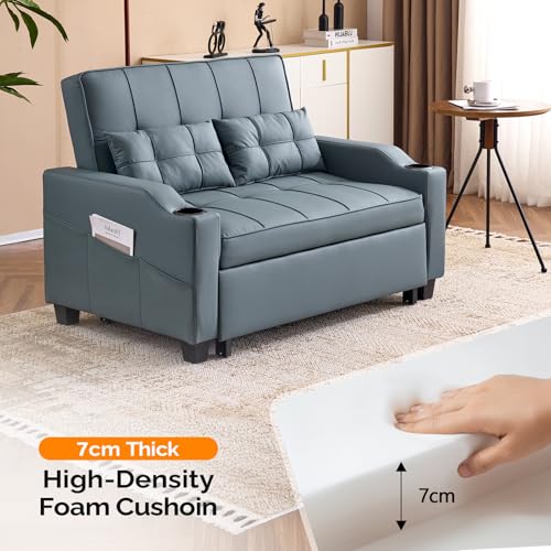 VINGLI Convertible Loveseat Sleeper, Blue Grey Faux Leather Futon Sofa Bed Pullout Couch Bed with USB Ports, Cup Holders, Armrest for Living Room, Bedroom, Home Office Apartment VINGLI