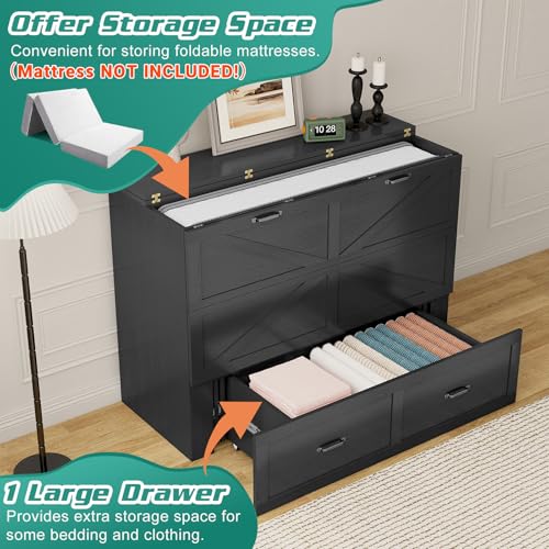 Hlivelood Full Size Murphy Chest Bed with Drawer and Charging Station, Farmhouse Wood Space-Saving Hidden Folding Bed Chest, Multifunctional Storage Cabinet Beds for Bedroom, Office, Black Hlivelood