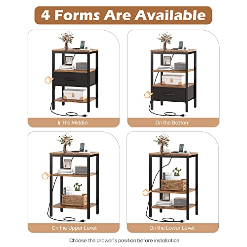 SUPERJARE Nightstand Set of 2, Bed Side Tables with Charging Station, Adjustable Fabric Drawer, Night Stand for Bedroom, 3-Tier Storage End Tables, for Living Room, Rustic Brown and Black SUPERJARE