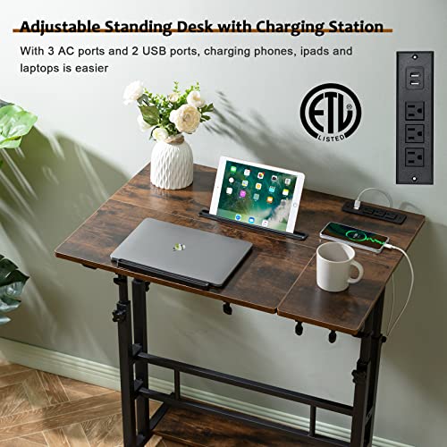 Hadulcet Mobile Standing Desk Adjustable Height, Rolling Desk Stand Up Desk, Mobile Laptop Desk, Rolling Computer Desk with Charging Station, Portable Desk with Wheels, Rustic Brown Hadulcet