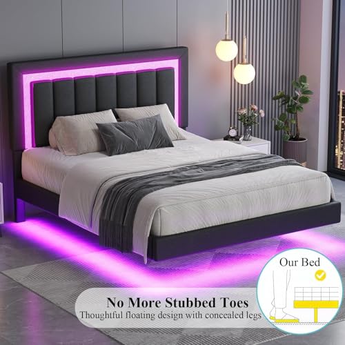 HOMBCK Floating Bed Frame Twin with Smart LED Lights, Faux Leather Upholstered Platform Bed with Diamond Headboard, No Box Spring Needed, Noise Free, Easy Assembly, Black HOMBCK