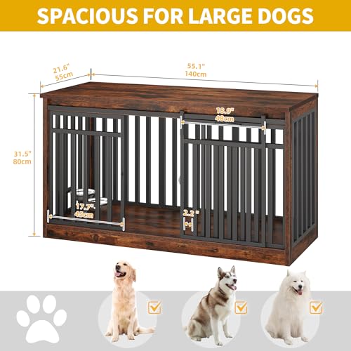 DWVO 55" Extra Large Dog Crate Furniture, Heavy Duty Metal Dog Kennel TV Stand with Sliding Door, Wooden Dog Cage Table with Dog Bowl for Extra Large Medium Dogs or 2 Small Dogs, Rustic Brown DWVO