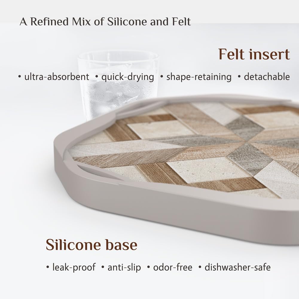 UMIRRO Absorbent Felt Coasters for Drinks with Silicone Case, Rustic Country Farmhouse Cup Coaster Set for Wooden Coffee Table Decor, Boho Tile Design, Brown, 4", 4 Pack Umirro