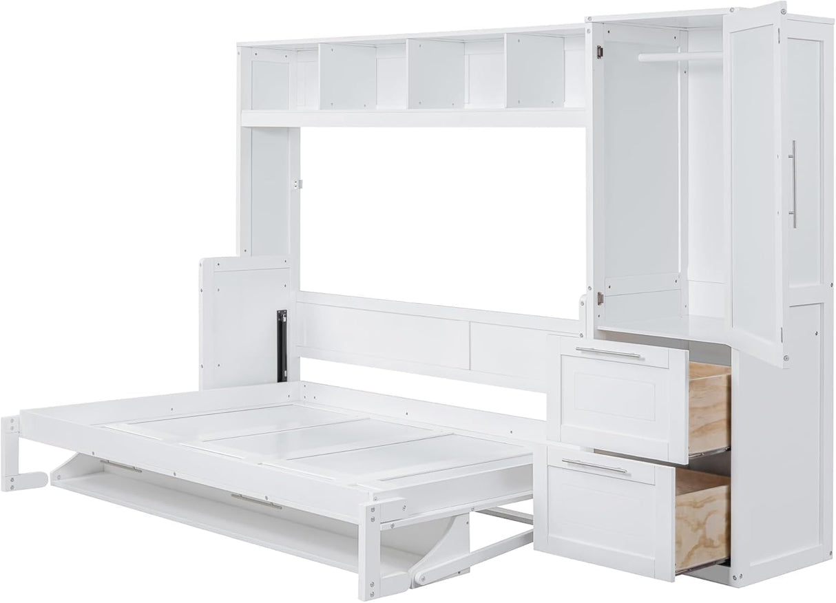 Virubi Full Horizontal Murphy Bed with Storage Wardrobe Closet,2 Drawer,4 Storage Shelves,Wood Folding Murphy Wall Bed Cabinet for Adult (White) Virubi