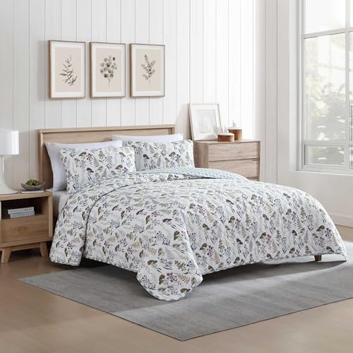 Eddie Bauer - Twin Quilt Set, Reversible Cotton Bedding with Matching Sham, Classic Floral Home Decor with Plaid Reverse (Flower Field Green, Twin) Eddie Bauer