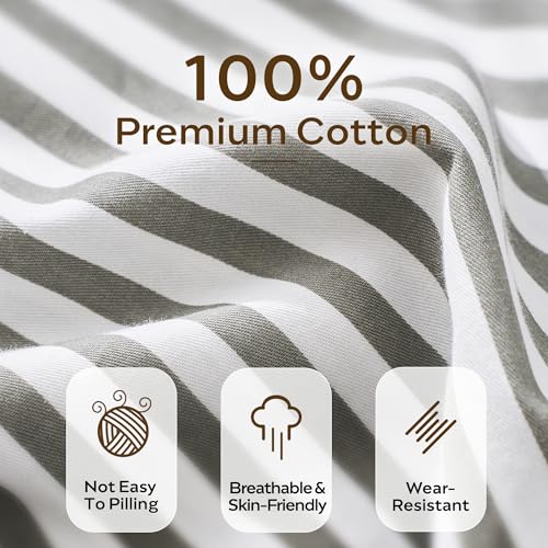JELLYMONI 100% Natural Cotton 3pcs Striped Duvet Cover Sets,White Duvet Cover with Grey Stripes Pattern Printed Comforter Cover,with Zipper Closure & Corner Ties(Queen Size) JELLYMONI