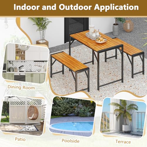Tangkula 3-Pieces Patio Dining Set for 4 People, Outdoor Picnic Table & 2 Benches, 44" Acacia Wood Dining Table w/Metal Frame, Space-Saving Dinette Set for Garden Porch Poolside Yard Balcony Tangkula