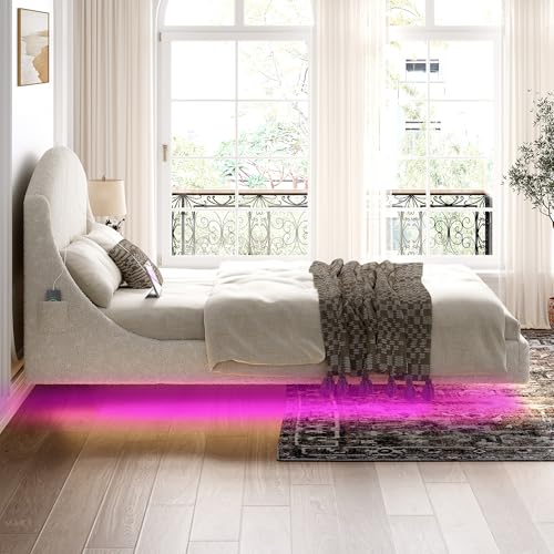 Ailisite Full Size Floating Bed Frame with LED Lights and Charging Port, Visual Floating LED Bed Frame with Curved Cloud Headboard, White Boucle Upholstered Platform Bed Full Size Frame, Heavy Duty Ailisite