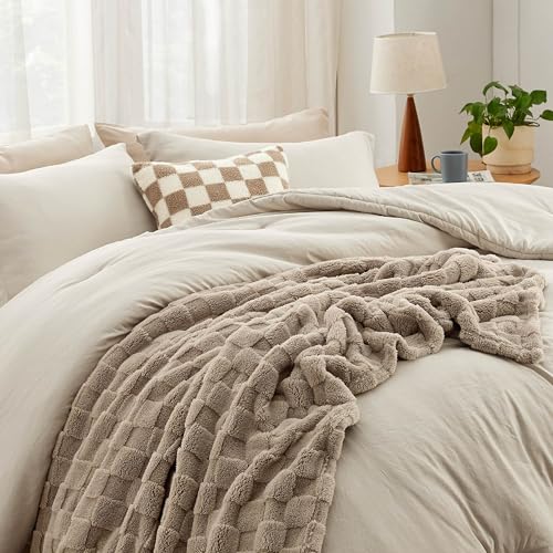 Bedsure Comforter Queen Size 5 Pieces - Queen Size Comforter Set with Checkered Throw Blanket and Decorative Pillow, Lightweiget Bedding, All Season Bedding Sets, Linen Beige Bedsure