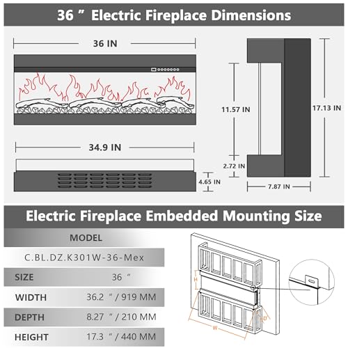 Mexhom 3 Sided Glass Built-in 36" Electric Fireplace - Multi-Color Flames, Heater, DIY Crystal & Log Set, Smart App & Remote Control Mexhom