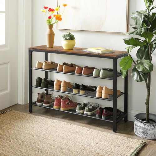 VASAGLE 4 Tier Shoe Rack, Shoe Organizer for Closet, Entryway, 16-20 Pairs of Shoes, Large Shoe Rack Organizer with 3 Metal Mesh Shelves, 11.8 x 39.4 x 28.3 Inches, Rustic Brown and Black ULBS14BX VASAGLE