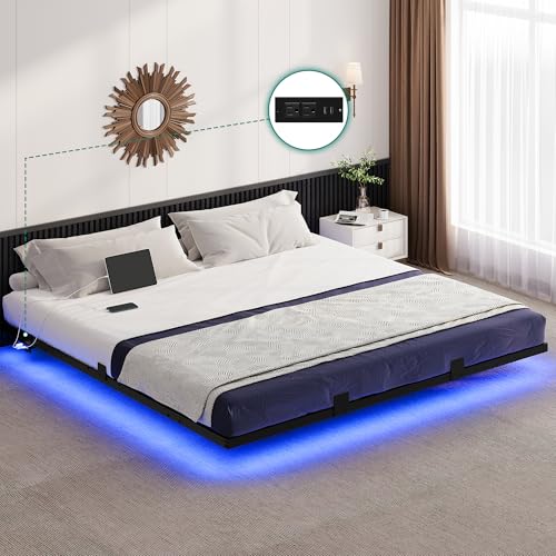 YITAHOME Floating Bed Frame King Size,Floating Bed with LED Lights & Charging Station, Metal Platform Bed Frame with Heavy Duty Steel Slats, No Box Spring Needed, Black YITAHOME