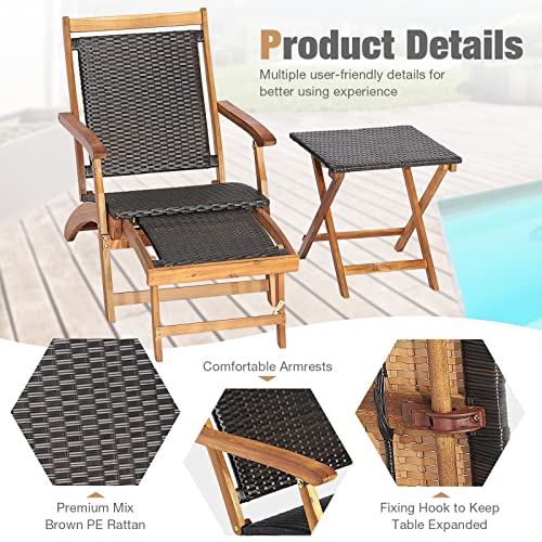 RELAX4LIFE Patio Chaise Lounge Chair Set of 3, Acacia Wood Folding Rattan Wicker Chairs w/Retractable Footrest, Side Table, 3-Piece Outdoor Patio Furniture, Fire Pit Deck Chairs Set for Porch Poolside