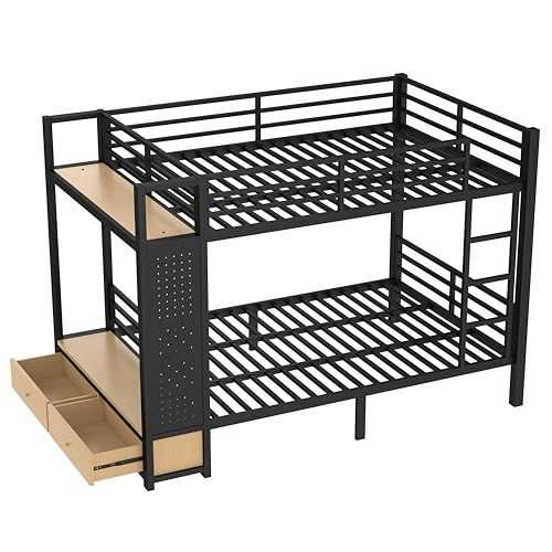 Bellemave Full Over Full Metal Bunk Bed with Storage Drawers and Shelves, Heavy Duty Bunk Beds with Pegboard and Coat Rack for Kids, Adults,Blackă Bellemave