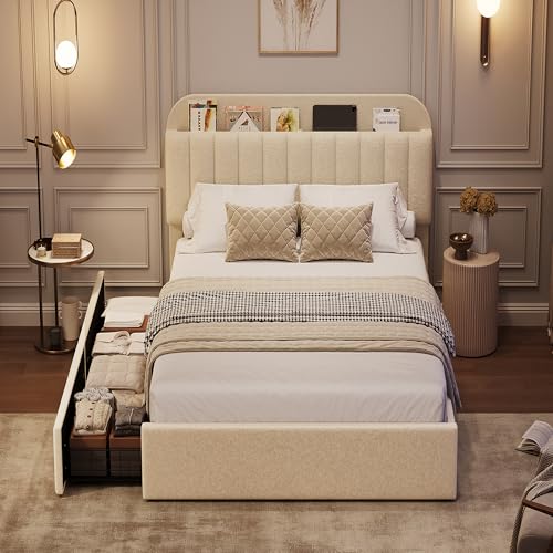 GarveeHome Twin Bed Frame with Storage Headboard, Kids Bed Frame with 2 Drawers, Boucle Upholstered Platform Bed with Bookcase, No Box Spring Needed, Easy Assembly, Ivory White GarveeHome