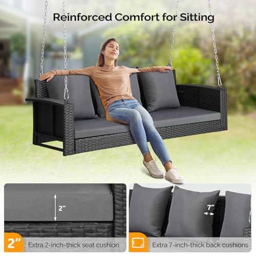 VINGLI Heavy Duty 800 LBS Wicker Hanging Porch Swing with Cushions & Chains, 5FT Outdoor Rattan Swing Bench for Garden, Yard, Lawn (Black) VINGLI