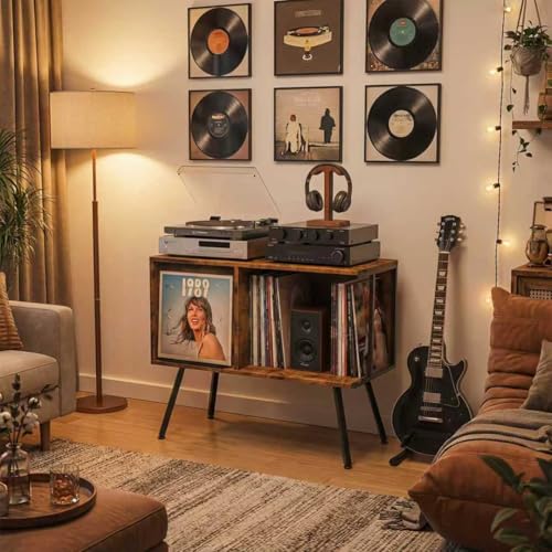 Faesun Flip Top Record Player Stand, Large Record Player Table with Open Storage Holds up to 150+ Albums, Mid Century Turntable Stand, Stereo Cabinet for Speakers, for Living Room, Bedroom, Rustic Faesun