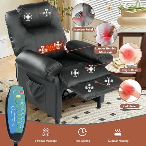 KCREAM Faux Leather Recliner Chair with Massage and Heat, Mid Century Overstuffed Manual Reclining Chair, Massaging Push Back Recliner Chair Single Sofa for Living Room, Black