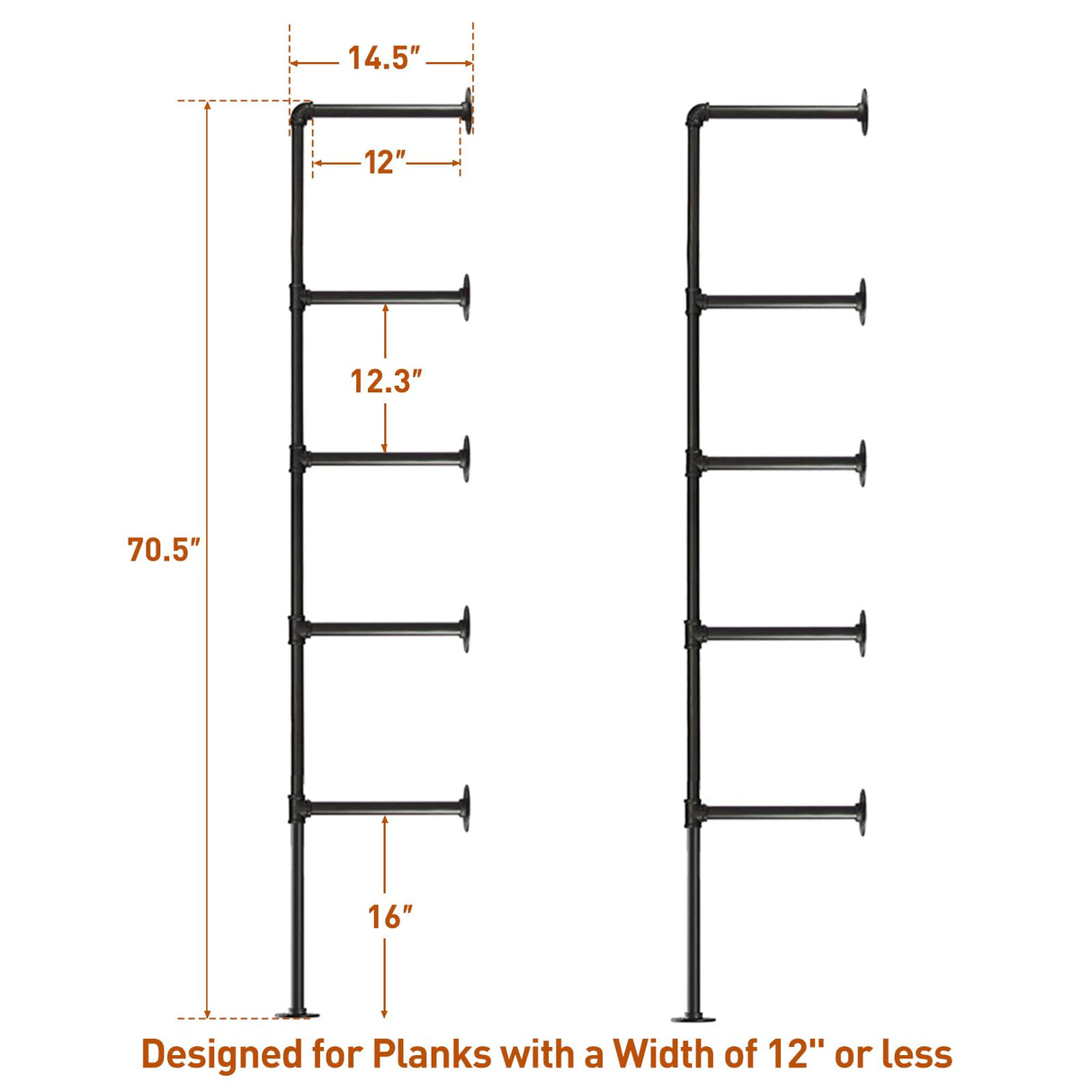 HITOMEN Industrial Iron Pipe Shelves, 2 Set 5-Tier 70.5" Tall 12" Depth, DIY Open Bookshelf Bookcase, Wall Mounted Vintage Retro Shelving, Rustic Farmhouse Pantry Kitchen Storage, Black Shelf Brackets HITOMEN