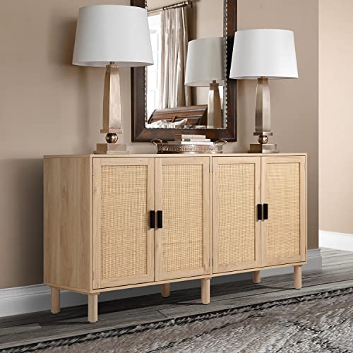 Finnhomy 4 Door Sideboard Buffet Cabinet, Kitchen Storage Cabinet with Rattan Decorated Doors, Cupboard Console Table, Boho Accent Liquor Cabinet, Bar Cabinet, 62.3X 15.7X 34.6 Inches, Natural Finnhomy