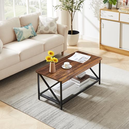 VECELO Coffee Table with 2-Tier Storage Shelf X-Frame for Living Room, Office Industrial Style,Easy Assembly, 39 inch Classic Brown