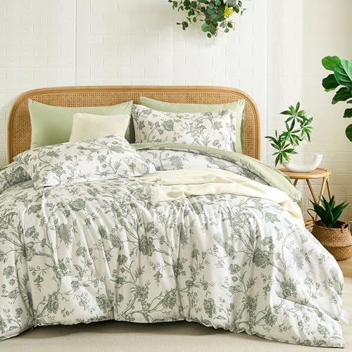 Luxudecor Floral Queen Comforter Set 7 Pieces Bed in a Bag, Sage Green Flower with Bird Bedding Set, Soft Reversible Comforter with Sheet Set 90"x90" Luxudecor