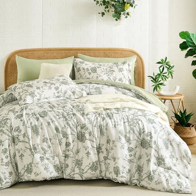 Luxudecor Floral Queen Comforter Set 7 Pieces Bed in a Bag, Sage Green Flower with Bird Bedding Set, Soft Reversible Comforter with Sheet Set 90"x90"