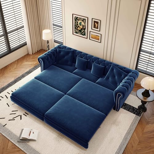 Tabaray 89'' Pull Out Sofa Bed King, Chesterfield Velvet Sleeper Sofa, Convertible L-Shaped Futon Couch, Tufted Back, 4 Pillows, Ottoman, Deep Seat Loveseat Couches for Living Room, Apartment, Blue Tabaray