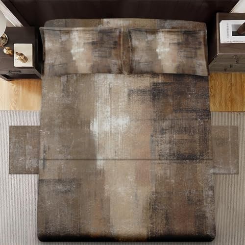 WeCozy King Size Bed Sheet Sets with Pillowcases, Brown Grey Painting 4 Pcs Soft Microfiber Bedding for Kids and Adults, Beige Contemporary Flat, Fitted Sheet for Bedroom Bed Decor WeCozy