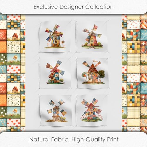 Patchwork Fabric Panel with Windmill Designs β 100% Cotton Satin, 6 Printed Panels 10βΓ10β + Patchwork Sheet 29.5βΓ19.7β, Single Continuous Cloth for Quilting & Sewing Fabricstown