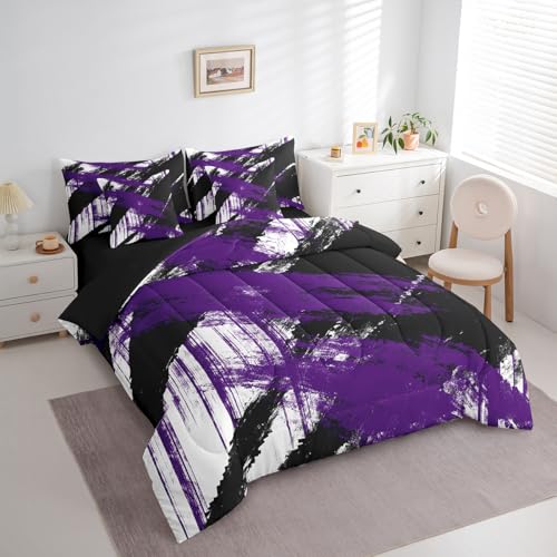 jejeloiu Abstract Art Comforter Set with Sheets Kids King Size 7 Pieces Modern Geometric Bedding Set for Boys Girls Teens White Black Purple Bed in a Bag Room Decor jejeloiu