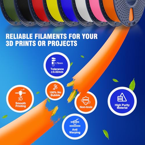 JAYO Rapid PLA 3D Printer Filament Bundle 2KG, High Speed PLA Filament 1.75mm 50mm/s - 600mm/s Print Range, 8 Pack 250g Spool Filament (Black, White, Blue, Red, Pink, Orange, Yellow, Olive Green)