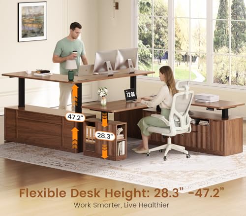 SEDETA L Shaped Electric Standing Desk, 69" x 55"Height Adjustable Office Executive Desk with 4 Drawers and Storage Shelves, Fluted Sit Stand Computer Desk with Power Outlet for Home Office (Brown) SEDETA