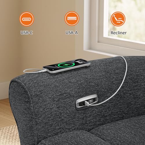 MCombo Compact Wall Hugger Power Recliner Chair for Small Spaces, Dual USB-A/C Ports, Rolled Arm Recliner for Living Room & RV, Fabric PR520 (Fabric, Dark Grey, Small)