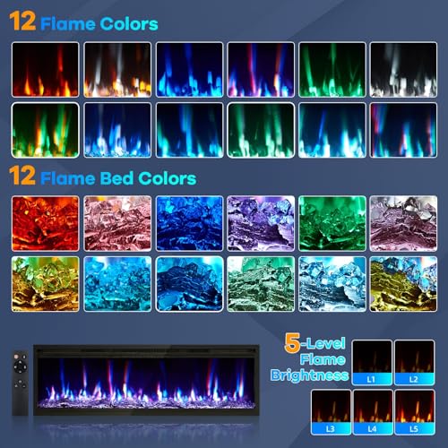 50'' Electric Fireplace Inserts, Recessed Wall Fireplace Heater with Log & Crystal Inserts, Adjustable Flame Color/Speed/Brightness, Heater, Remote Control & Touch Screen, Built-in Timer, Low Noise Towallmark