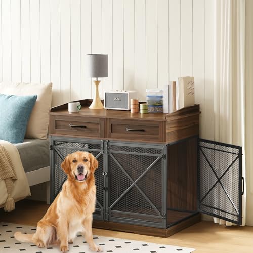 HOOBRO Heavy Duty Dog Crate Furniture, 39.4” Dog Kennel with Drawers, Wooden Dog Cage Indoor Side End Table for Medium Large Dogs, Triple Door Design, Walnut and Black WL106GW03 HOOBRO