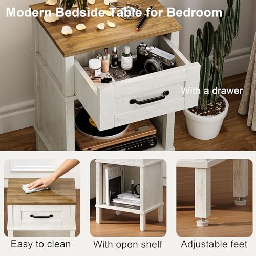 YAUKTAK White Farmhouse Nightstand with Drawer, Small Wooden Bedside Table, White End Table, Bedroom Side Table with Storage, Rustic Wood Night Stand LET512WR YAUKTAK