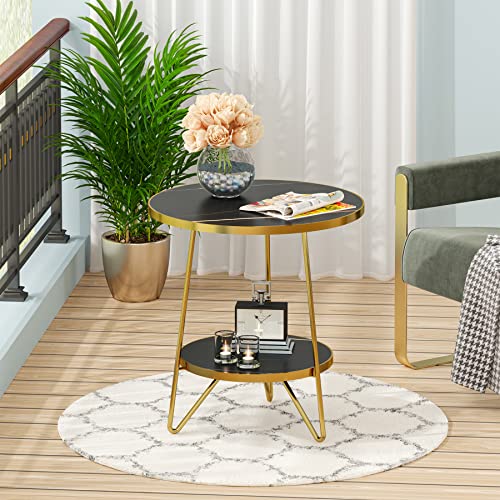 Tribesigns Faux Marble End Table, 2 Tier Round Side Table with Shelves, Modern Black Nightstand Bedside Table Small Coffee Accent Table for Living Room Bedroom, Black and Gold Tribesigns