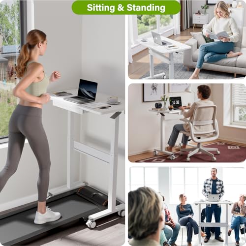 DAWNYIELD Standing Desk for Walking Pad with Wheels, Pneumatic Cordless Height Adjustable Rolling Desk, Mobile Computer Workstation with Drawer Hook Locking Casters for Treadmill & Home Office, White DAWNYIELD