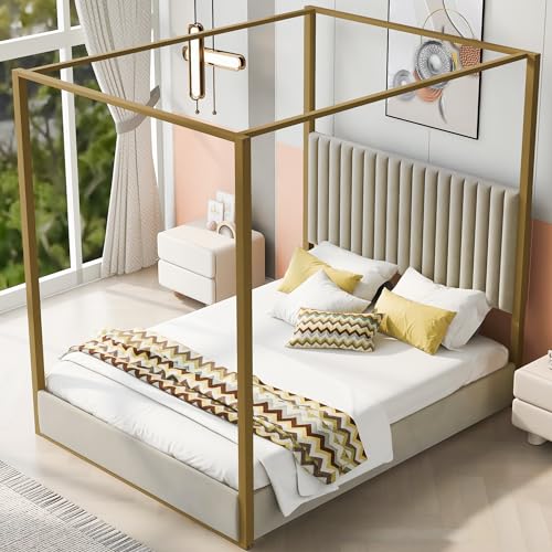 LUMISOL Queen Size Metal Canopy Bed Frame, Upholstered Four-Poster Platform Bed Frame with Headboard, Morden Low Profile Platform Beds, No Box Spring Needed, Beige