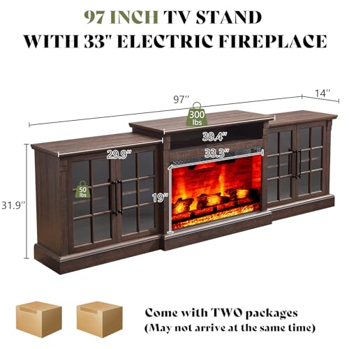 AMERLIFE 97" Farmhouse Fireplace TV Stand, Entertainment Center with Large Storage Space and Adjustable Shelf, Media Console for Living Room, Rustic Brown AMERLIFE
