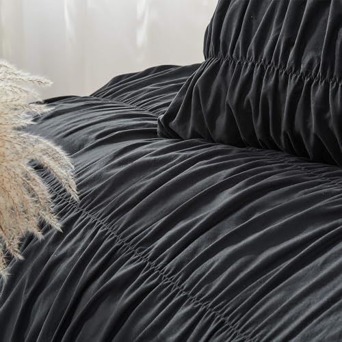 Bonlino Queen Comforter Set - Black Boho Shabby Chic Bedding for Bedroom - Fluffy 3 Piece Ruffle Comforter Set with Pillow Bonlino